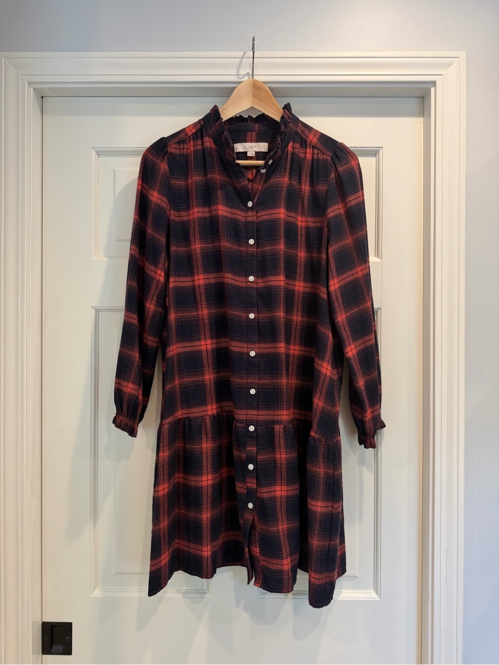 LOFT Black and Red Plaid Long-Sleeve Button Dress